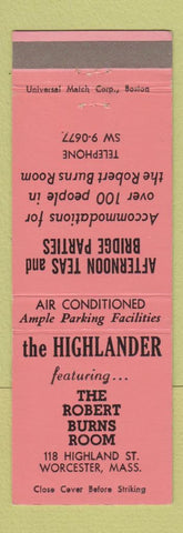 Matchbook Cover - The Highlander Worcester MA