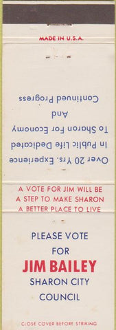 Matchbook Cover - Vote Jim Bailey Sharon City Council
