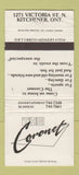 Matchbook Cover - Coronet Restaurant Kitchener ON WORN 30 Strike