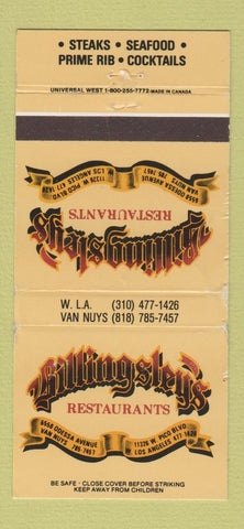 Matchbook Cover Billingsley's Restaurant Los Angeles Van Nuys CA WEAR 30 Strike