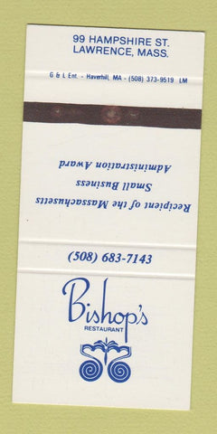 Matchbook Cover - Bishop's Restaurant Lawrence MA SAMPLE 30 Strike