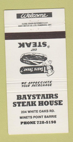 Matchbook Cover - Baystairs Steak House Minets Point Barrie ON 30 Strike