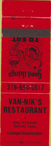 Matchbook Cover - Van Nik's Restaurant Denver IA red
