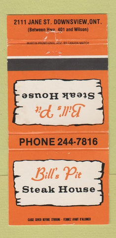 Matchbook Cover - Bill's Pit Steak House Downsview ON 30 Strike