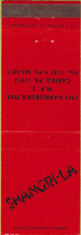 Matchbook Cover - Shangri La Restaurant Carisle PA