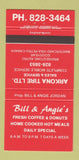 Matchbook Cover - Bill and Angie's Restaurant Arkona Tire ON 30 Strike