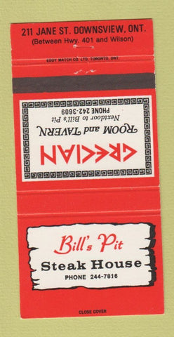 Matchbook Cover - Bill's Pit Steak House Downsview ON Grecian Room 30 Strike