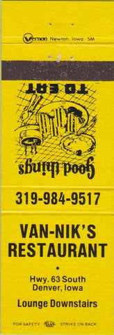 Matchbook Cover - Van Nik's Restaurant Denver IA yellow