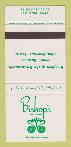 Matchbook Cover - Bishop's Restaurant Lawrence MA GREEN FONT 30 Strike
