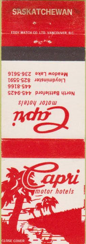 Matchbook Cover - Capri Motor Hotel Saskatchewan SK Canada