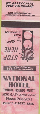 Matchbook Cover - National Hotel Prince Albert SK Canada
