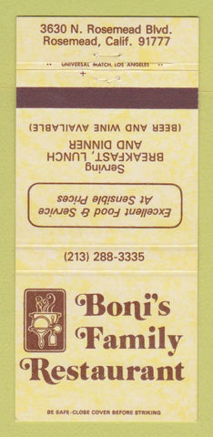 Matchbook Cover - Boni's Family Restaurant Rosemead CA 30 Strike