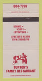 Matchbook Cover - Burton's Family Restaurant North Cape May NJ 30 Strike