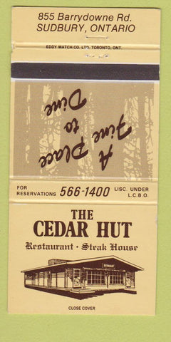 Matchbook Cover - The Cedar Hut Restaurant Steak Sudbury ON WEAR 30 Strike