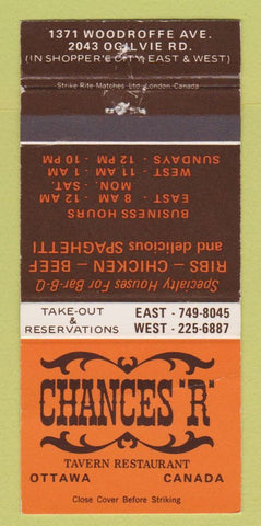 Matchbook Cover - Chances R Restaurant Ottawa ON 30 Strike