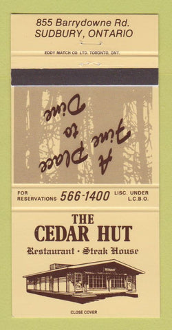 Matchbook Cover - The Cedar Hut Sudbury ON restaurant 30 Strike