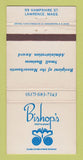 Matchbook Cover - Bishop's Restaurant Lawrence MA WHITE WEAR 30 Strike