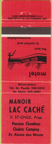 Matchbook Cover - Manoir Lac Cache St Alexis des Monte