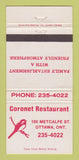 Matchbook Cover - Coronet Restaurant Ottawa ON 30 Strike