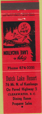 Matchbook Cover - Dutch Lake Resort Clearwater BC Canada