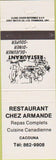 Matchbook Cover - Restaurant Chez Armande Cacouna