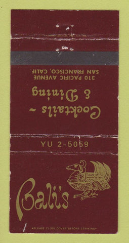 Matchbook Cover - Bali's Restaurant San Francisco CA WEAR 30 Strike