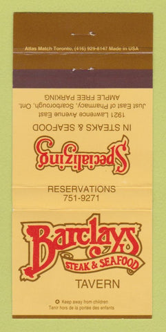 Matchbook Cover - Barclays Steak Seafood Tavern Scarborough ON 30 Strike