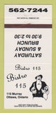 Matchbook Cover - Bistro 115 Ottawa ON 30 Strike