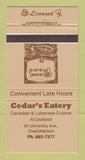 Matchbook Cover - Cedar's Eatery Charlottetown PEI PE 30 Strike