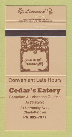 Matchbook Cover - Cedar's Eatery Charlottetown PEI PE 30 Strike