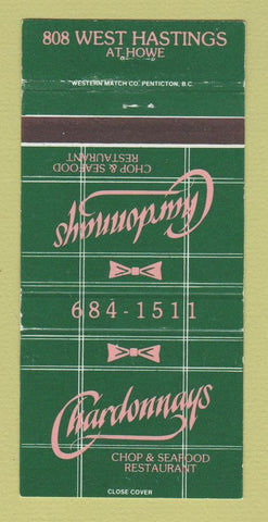 Matchbook Cover - Chardonnays Restaurant Vancouver BC 30 Strike