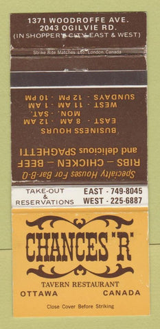 Matchbook Cover - Chances R Tavern Restaurant Ottawa ON 30 Strike