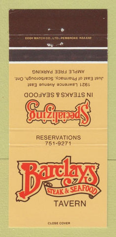 Matchbook Cover - Barclays Steak Seafood Tavern Scarborough ON 30 Strike