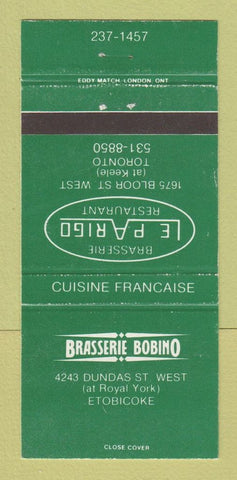 Matchbook Cover - Brasserie Bobino Etobicoke ON Toronto ON LE Parigo 30 Strike