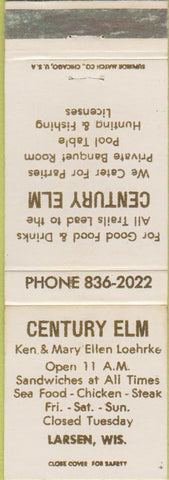Matchbook Cover - Century Elm Restaurant Larsen WI