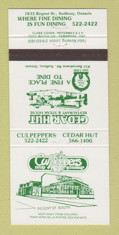 Matchbook Cover - Cedar =Hut Sudbury ON Culpeppers  30 Strike
