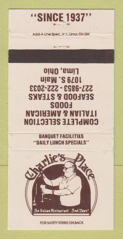 Matchbook Cover - Charlie's Place Lima OH Italian 30 Strike