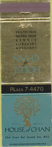 Matchbook Cover - House of Chan Restaurant New York City NY