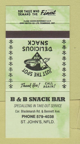 Matchbook Cover - B&B Snack Bar St John's NF GREEN 30 Strike