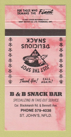 Matchbook Cover - B&B Snack Bar St John's NF PINK 30 Strike