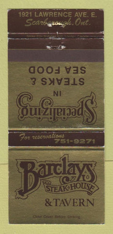 Matchbook Cover - Barclays Steak House Tavern Scarborough ON 30 Strike