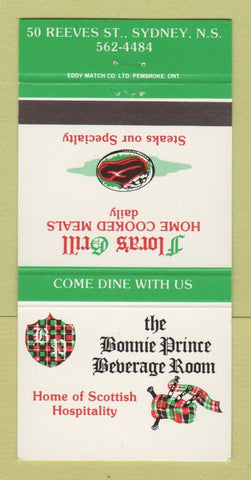Matchbook Cover - Bonnie Prince Beverage Room Flora's Grill Sydney NS 30 Strike