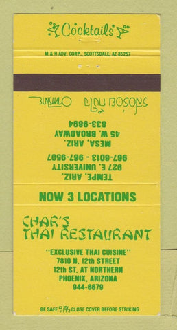 Matchbook Cover - Char's Thai Restaurant Phoenix AZ Tempe Mesa 30 Strike