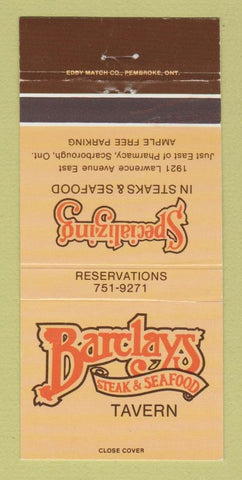 Matchbook Cover - Barclays Steak Seafood Tavern Scarborough ON 30 Strike