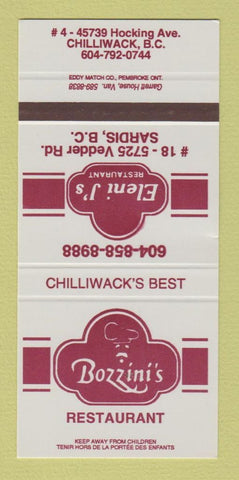 Matchbook Cover Bozzini's Restaurant Chilliwack BC Sardis SAMPLE WEAR 30 Strike