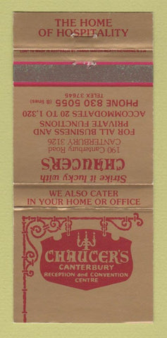 Matchbook Cover - Chaucer's Canterbury Restaurant Canterbury Australia 30 Strike