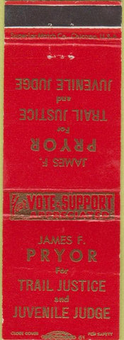 Matchbook Cover - Vote James Pryor for Juvenile Judge
