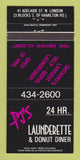 Matchbook Cover - PJ's Launderette Donut Diner North London ON 30 Strike