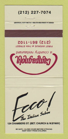 Matchbook Cover - Ecco Italian Saloon Campagnola New York City 30 Strike