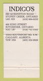 Matchbook Cover Indigo's Restaurant Stoney Creek Kitchener ON Calgary 30 Strike